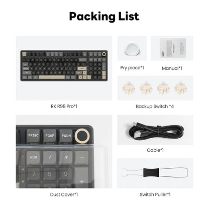 Tastiera meccanica cablata RK ROYAL KLUDGE R98Pro Gasket, 98 tasti, RGB, hot-swappable, pulsante pluggable, tastiera gamer con keycap PBT