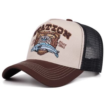 2025 New Bear Eating Fish Street Dance Hip Hop Hat Truck Hat Outdoor Skateboarding Hat Sunshade Baseball Hat Breathable Mesh Hat