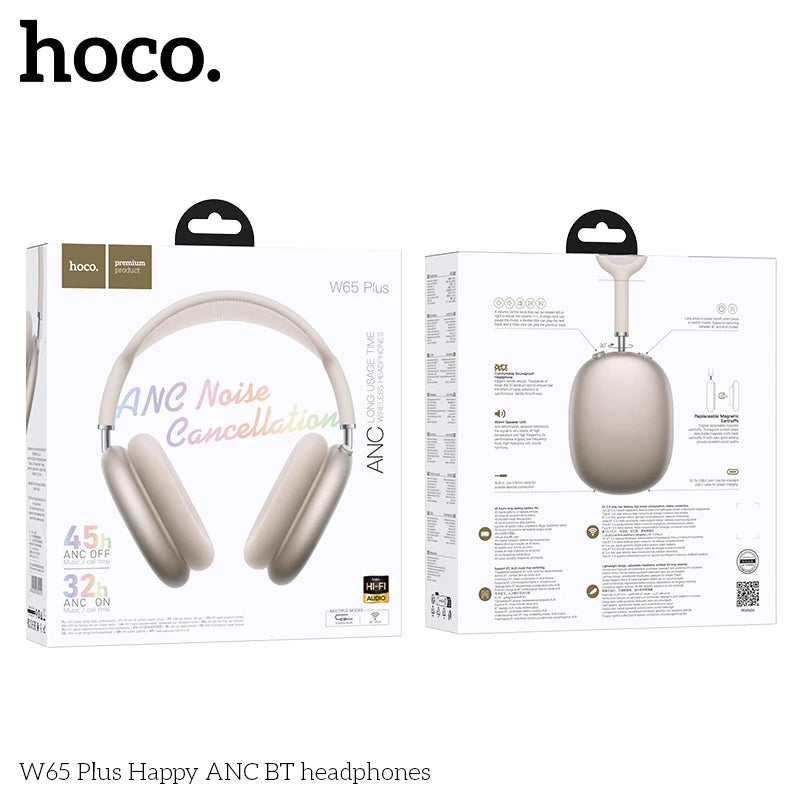 Casque Bluetooth HOCO W65 Plus ANC à réduction de bruit, circum-auriculaire, sans fil, grand écouteur, son Hi-Fi, casque sport avec bouton