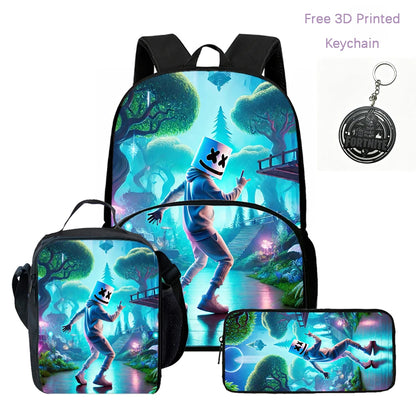 Zaino FORTNITE leggero 3 pezzi con tasca frontale, borsa pranzo, astuccio e portachiavi 3D stampato gratuito per bambini e bambine dai 5 ai 10 anni