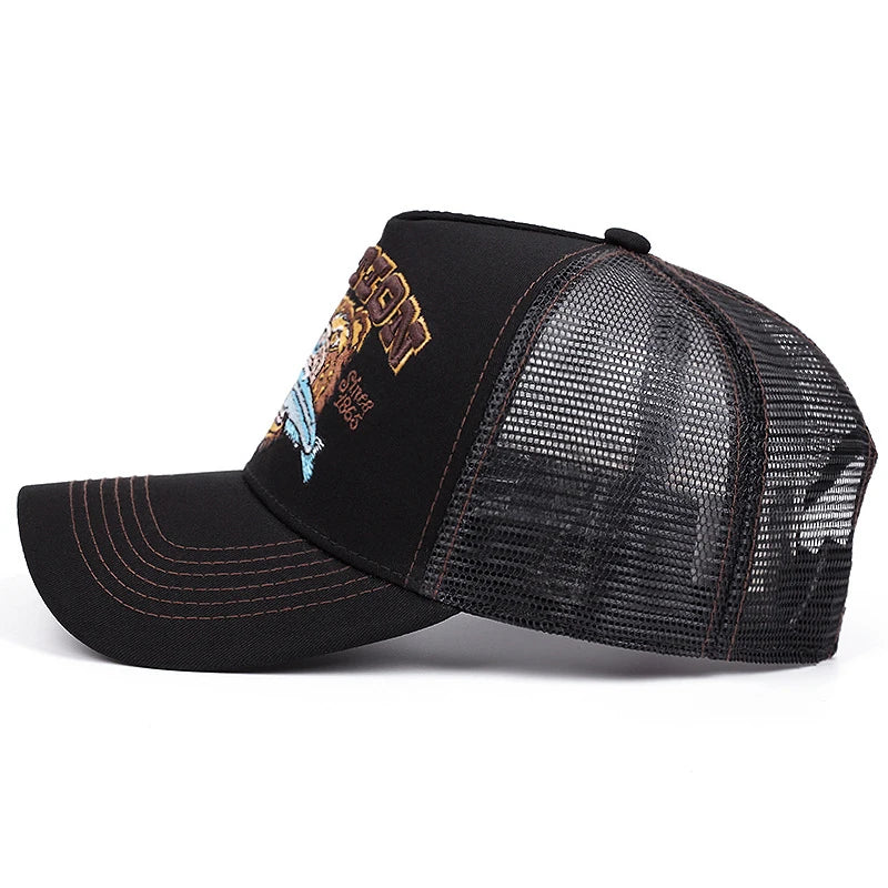 2025 New Bear Eating Fish Street Dance Hip Hop Hat Truck Hat Outdoor Skateboarding Hat Sunshade Baseball Hat Breathable Mesh Hat