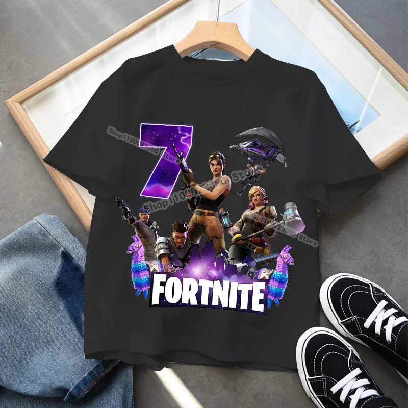 Camiseta infantil de cumpleaños Fortnite con número para niñas y niños, ropa de verano, camiseta de algodón para bebé, tops de manga corta para fiesta, regalo para niños pequeños