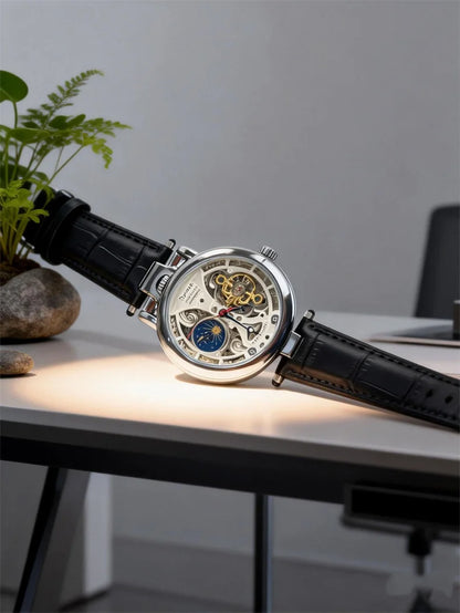  Top Luxury Moon Phase Men's Watches Original Mechanical Leather Men Clock Date Week Hollow Tourbillon Automatic Man Watch