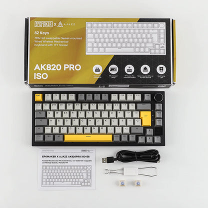 Distribución ISO-ES EPOMAKER X AJAZZ AK820 PRO 75% teclado mecánico con distribución española, cable/2.4GHz/BT, pantalla y perilla para Pc/Mac