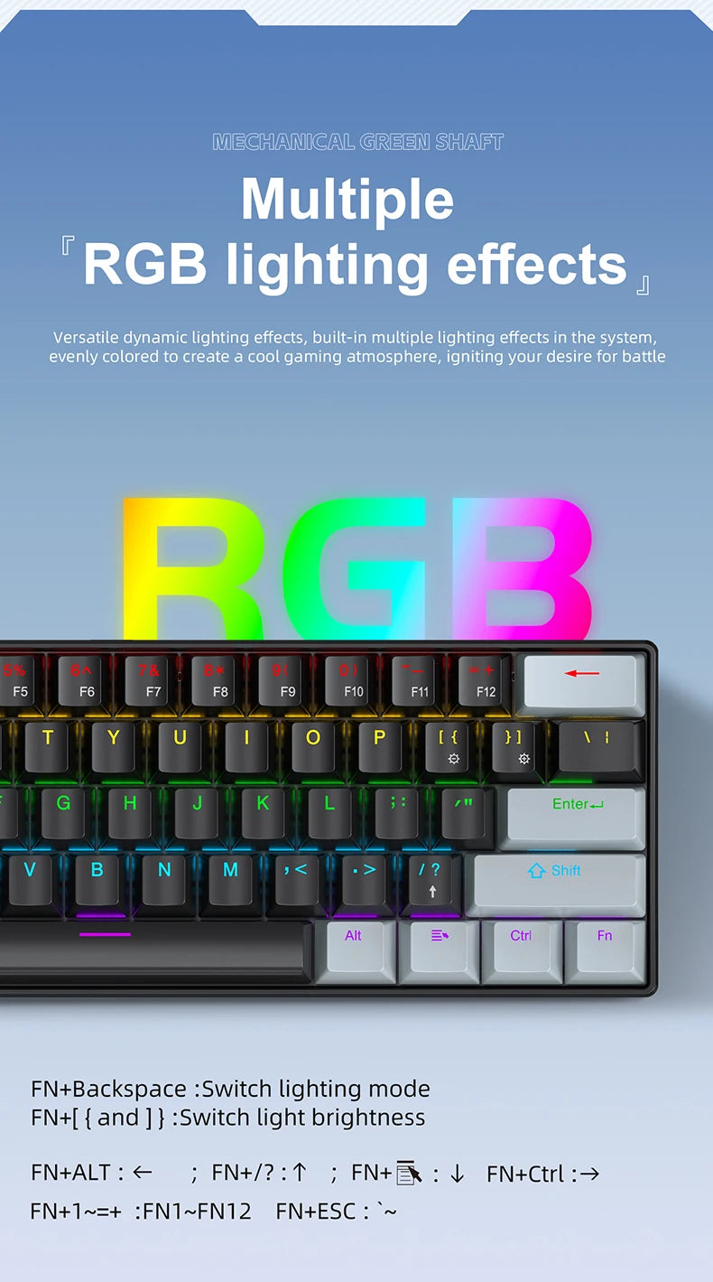 APAYADO K61 60% Mini Wired Gaming Mechanical Keyboard Phantom RGB, 61 Keys, Red/Blue Switch, Ergonomic, Portable for PC/Laptop