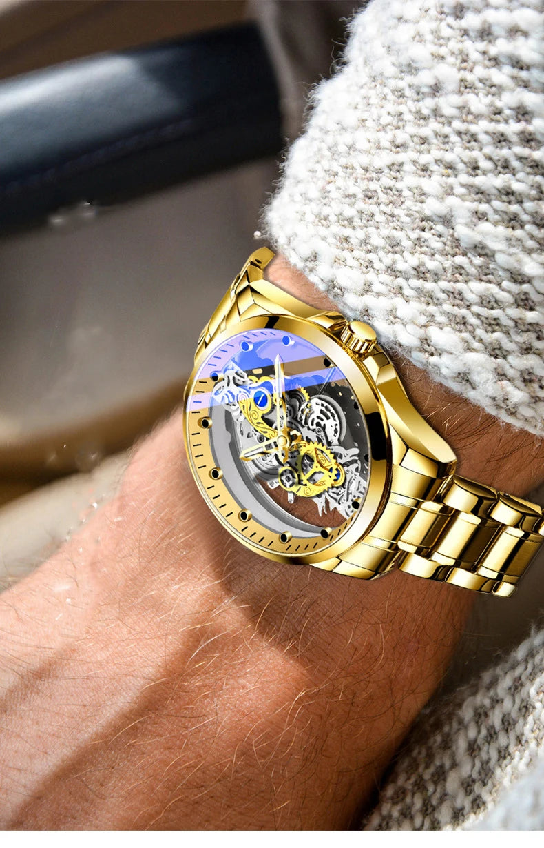 Trendig herrklocka, modell med dubbla öppningar, lyxig gulddesign, mekanisk tourbillon-imitation, kvartsverk.