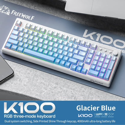 FREEWOLF K100 Wireless Keyboard Quiet with Media Knob|Side-print Backlit|4000mAh|26-Key Rollover Mechanical Feel Keyboard