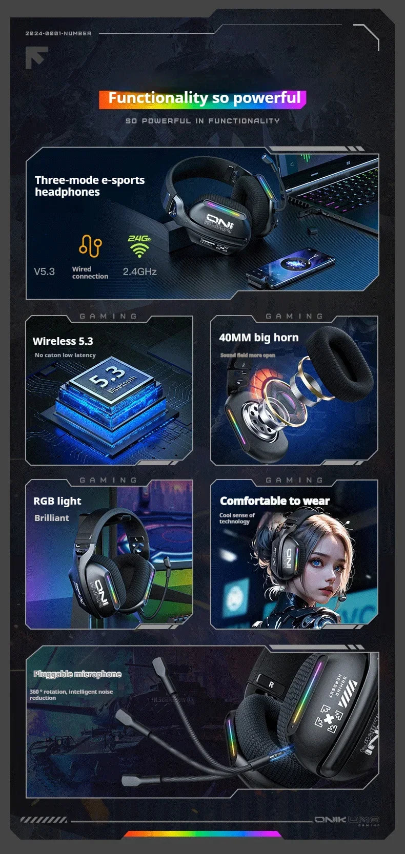 Auriculares gaming inalámbricos ONIKUMA GT808 2.4G/Bluetooth/cableados de 3 modos, circumaurales, con micrófono con cancelación de ruido para PC PS4 PS5