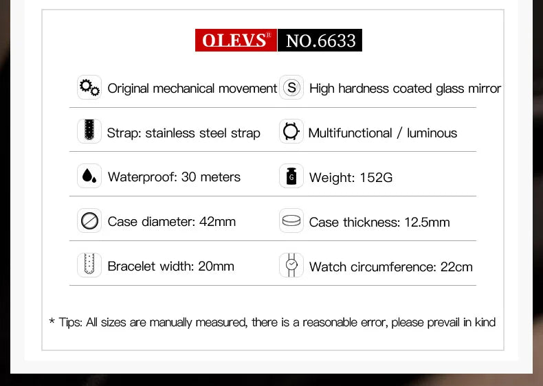 OLEVS 6633 Luxury Men's Watches Automatic Green Watch Men Stainless Steel Waterproof Business Sport Mechanical Wristwatch 6633
