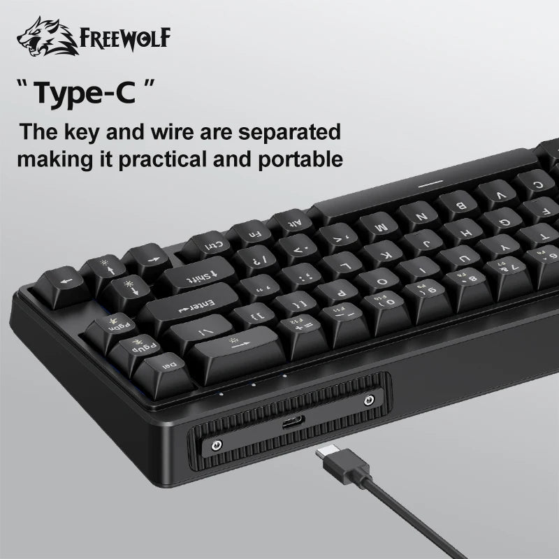 FREEWOLF M68SE Teclado mini con cable de 68 teclas, retroiluminación RGB, Type-C, diseño 68%, compacto para gaming, oficina, PC y portátil