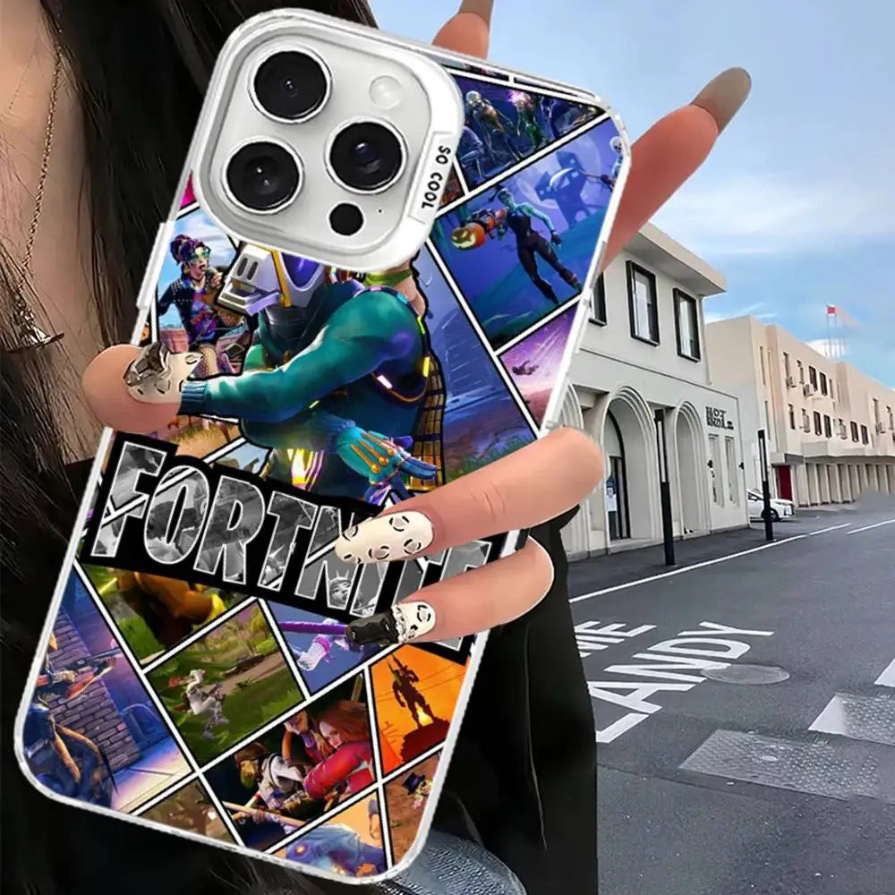 Funda de móvil F-Fortnites para iPhone 17 16 15 14 13 12 11 Pro Max Plus, cubierta color plata