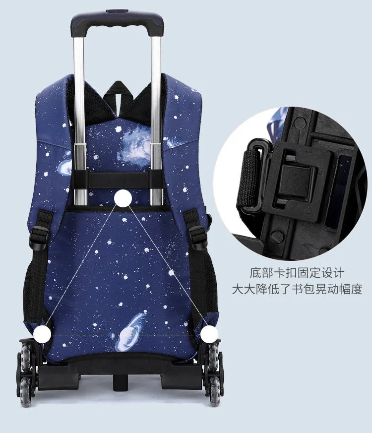 Mochila trolley 2 en 1 Fortnite con estampado de cielo estrellado, gran capacidad, impermeable, compartimento para portátil, diseño para subir escaleras, mochila escolar para estudiantes