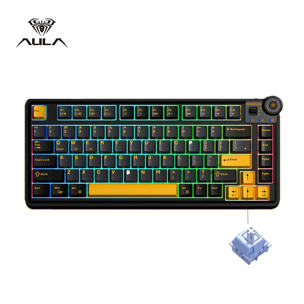 Teclado mecánico gaming esports AULA AU75 de tres modos, 81 teclas, teclas PBT, hot-swappable, RGB, teclado inalámbrico para PC de escritorio y escritura