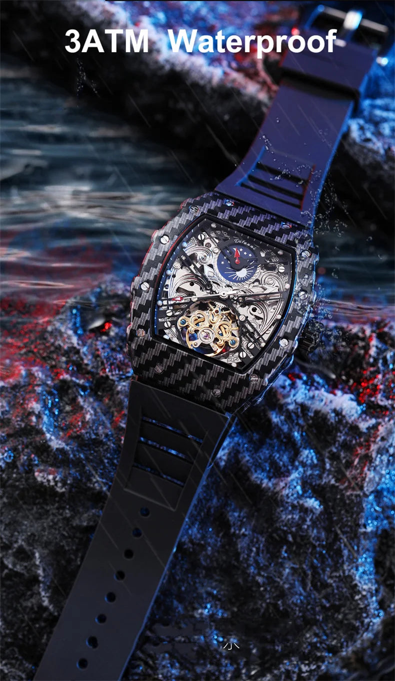 Mechaniczny zegarek Tourbillion dla mężczyzn, silikonowy pasek, szkieletowa koperta tonneau, automatyczne zegarki męskie, luksusowa topowa marka, reloj hombre