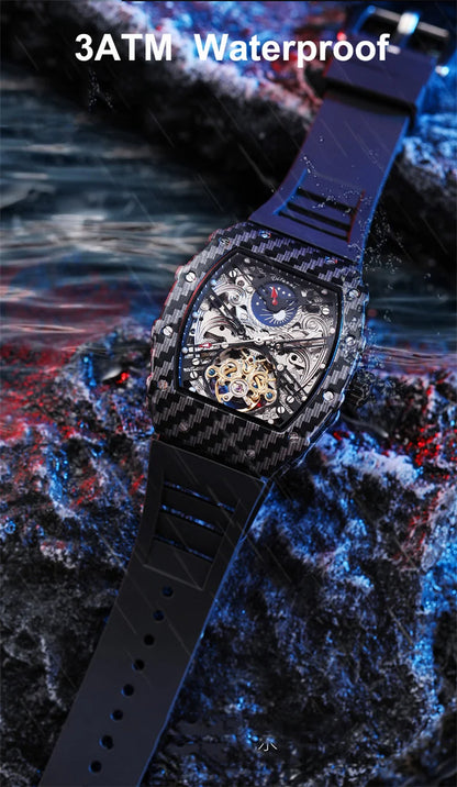 Mechaniczny zegarek Tourbillion dla mężczyzn, silikonowy pasek, szkieletowa koperta tonneau, automatyczne zegarki męskie, luksusowa topowa marka, reloj hombre