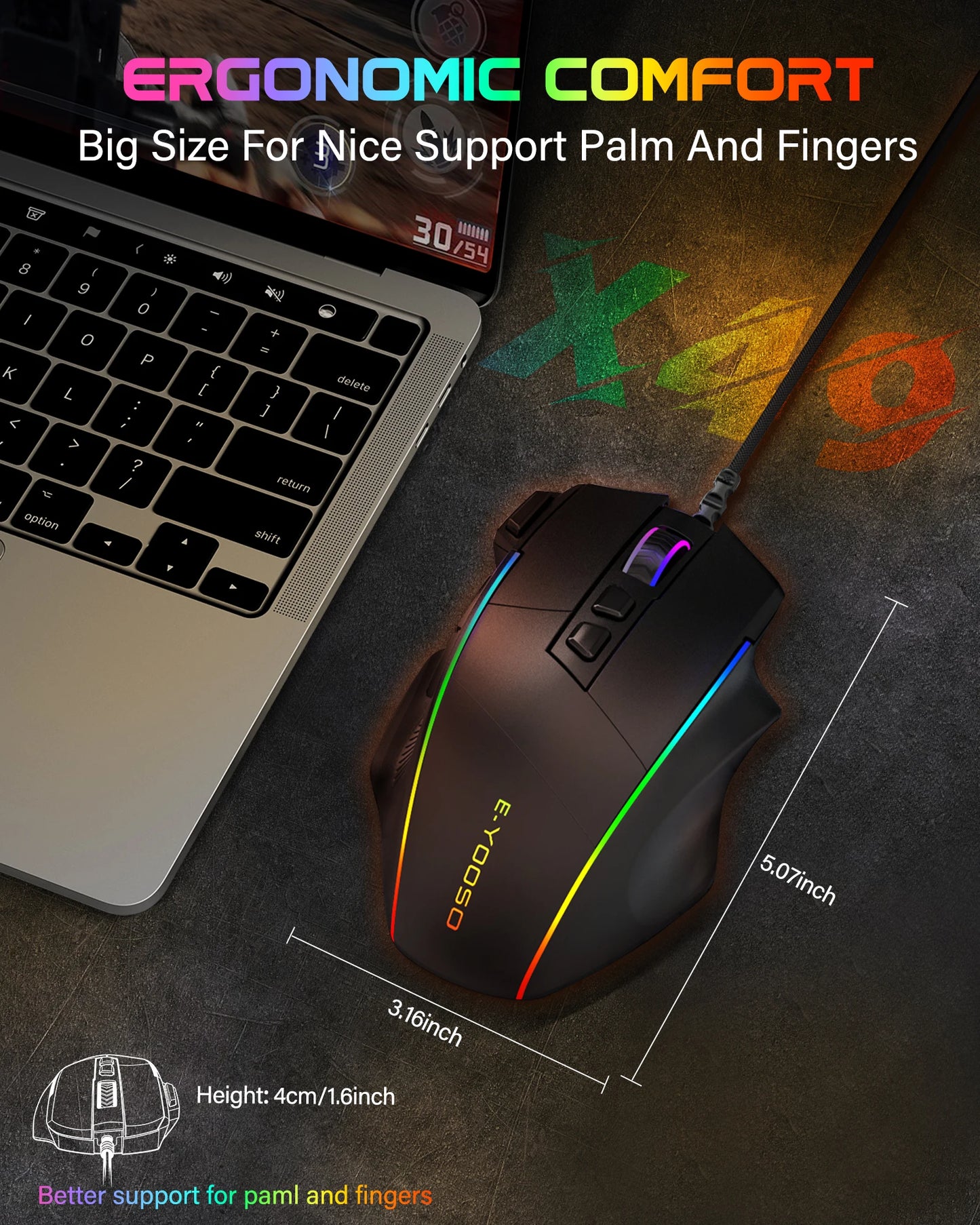 Mouse da gaming cablato E-YOOSO X49, 12400 DPI regolabili, retroilluminazione RGB, 8 pulsanti programmabili, mouse ergonomico per gamer per PC e laptop