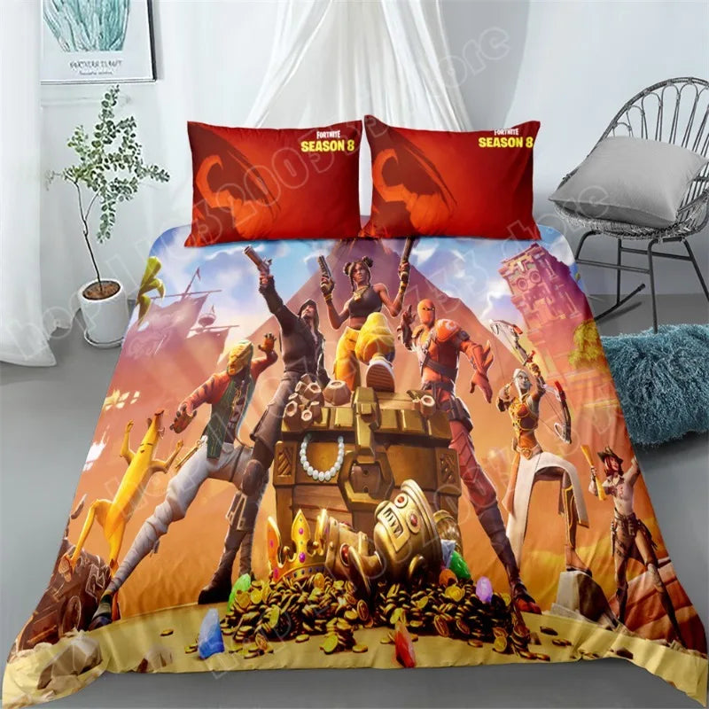 Juego de cama Fortnite de 3 piezas, ropa de cama para dormitorio con estampado 3D, diseño de videojuego y dibujos animados, funda nórdica y funda de almohada decorativas, regalo de cumpleaños