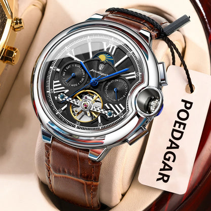 Relógio de homem POEDAGAR, estilo luxuoso e profissional, com indicação da data e do dia, turbilhão, caixa em aço inoxidável, movimento mecânico automático e resistência à água.