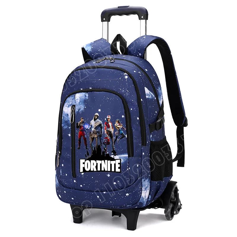 Mochila trolley 2 en 1 Fortnite con estampado de cielo estrellado, gran capacidad, impermeable, compartimento para portátil, diseño para subir escaleras, mochila escolar para estudiantes