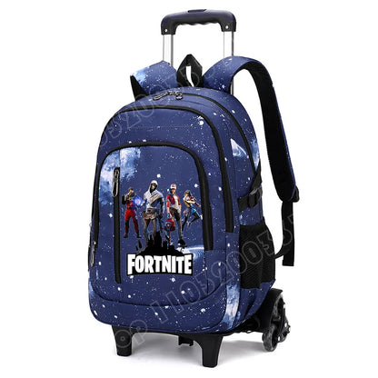 Mochila trolley 2 en 1 Fortnite con estampado de cielo estrellado, gran capacidad, impermeable, compartimento para portátil, diseño para subir escaleras, mochila escolar para estudiantes