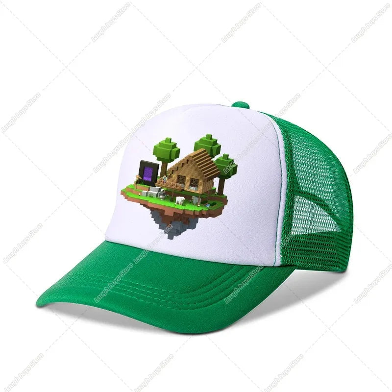 Minecraftes Pixels Kawaii Baseball Cap Boy Cartoon Anime Print Peaked Caps Hip Hop Parent-child Outdoor Mesh Hats Summer Sun Hat