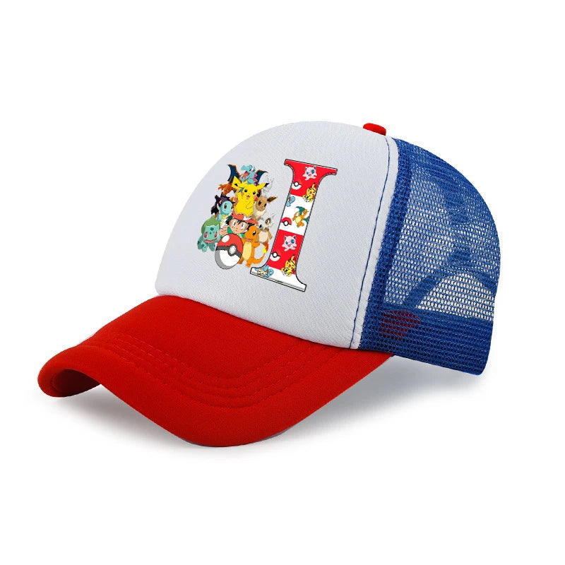 Tegneserie-Pokémon-baseballkasket til børn med Pikachu og bogstaverne A-Z – til drenge og piger – solbeskyttende solhat – børnekasket med skygge – sommer-trucker-kasket – far-kasket