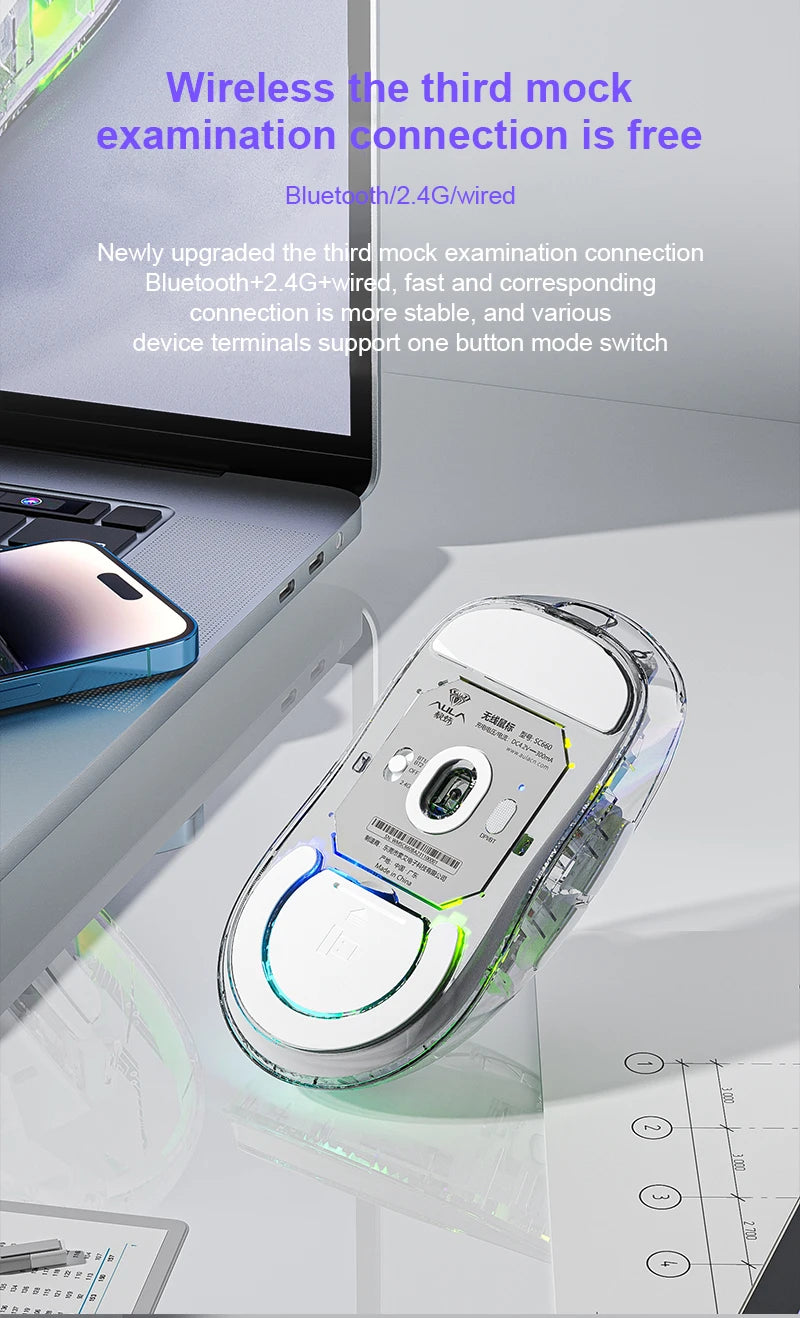 Mouse Bluetooth Wireless AULA SC660, mouse e-sport con connessione trimodale, leggero, ricarica Type-C, per gaming, ufficio, ragazze e ragazzi