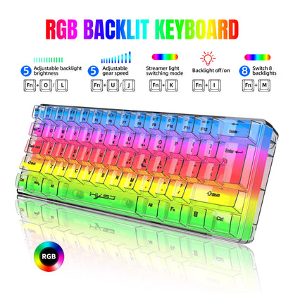 Teclado gaming transparente con cable HXSJ 60%, retroiluminación RGB, ultracompacto, resistente al agua, teclado compacto pequeño de 61 teclas para PC/Mac
