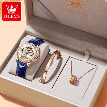 OLEVS 6615 Top Original Automatic Mechanical Wrist Watch for Women Luxury Elegant Diamond Hollow Colorful Butterfly Ladies Watch