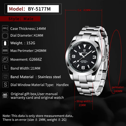 BENYAR 2025 Nuovo orologio meccanico automatico da uomo, stile business e sportivo di lusso, impermeabile 50M, orologio da uomo