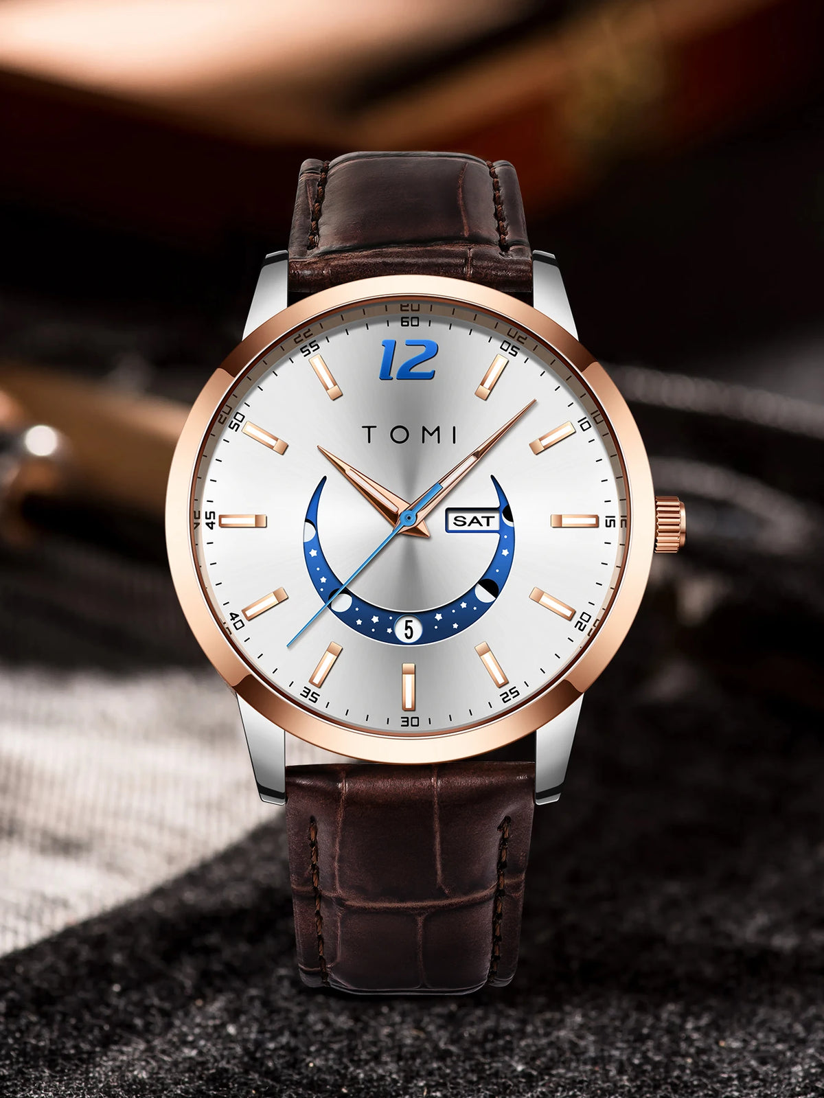 Relógio de quartzo TOMI, estilo empresarial e elegante, com bracelete em pele, caixa em liga metálica e mostrador com ponteiros – Design de alta qualidade, ideia de presente para homem