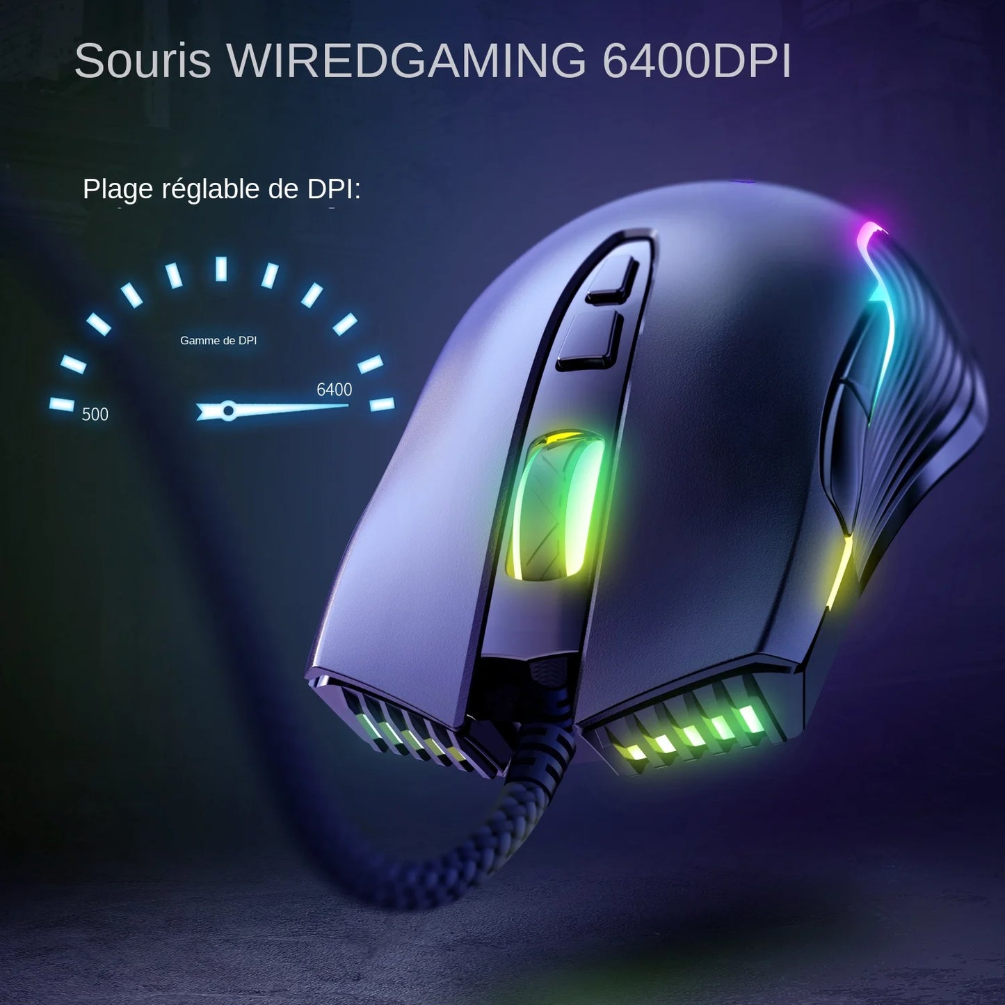 Ratón gaming con cable ONIKUMA, 6 niveles ajustables, 6400 DPI, 7 botones programables, 7 modos de iluminación RGB, diseño ergonómico para gamers de PC