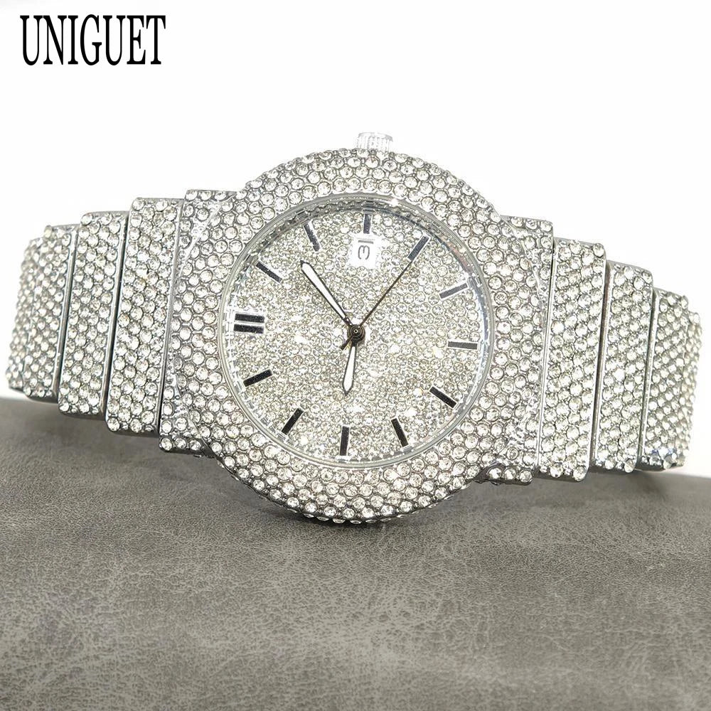 2025 UNIGUET Men's Fashion Iced Watches Luxury Hip Hop Full Diamond Jewelry Quartz Waterproof Business Wrist Watch for Men New