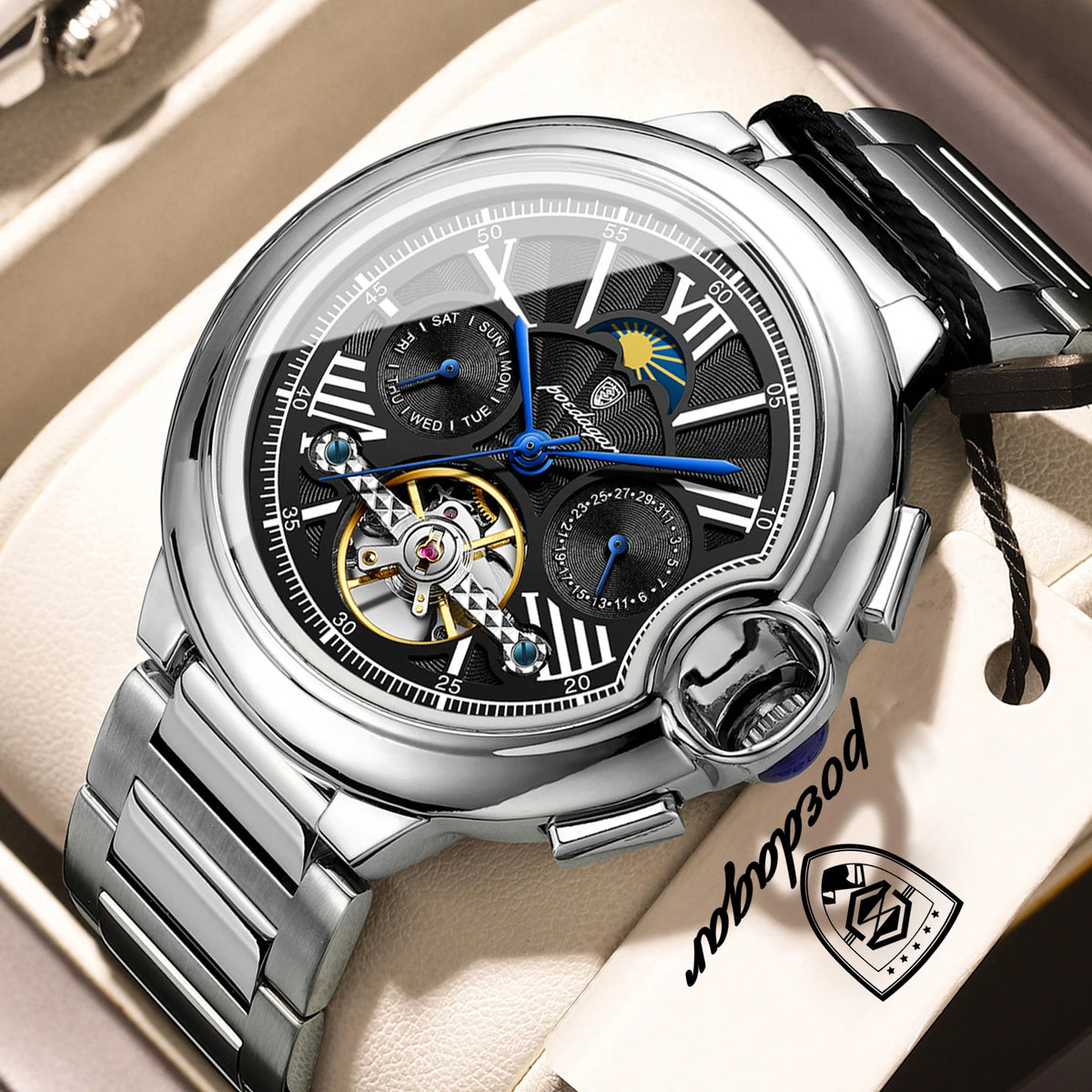 Relógio de luxo para homem POEDAGAR – Modelo mecânico automático com indicação da data e do dia, bracelete em pele, turbilhão, resistente à água, estilo elegante e profissional.