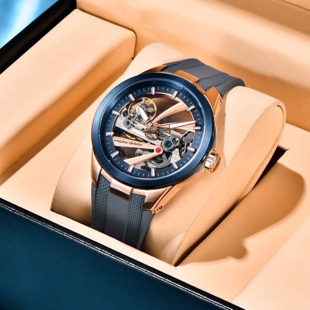 Pánske hodinky PAGANI DESIGN – Luxusný mechanický model s automatickým náťahom, typu „skelet“ (s otvoreným srdcom), vybavený tourbillonom, so zafírovým sklom s antireflexnou úpravou, vodotesné a luminiscenčné.