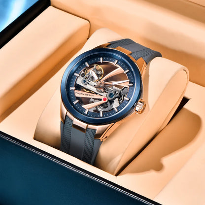 Pánske hodinky PAGANI DESIGN – Luxusný mechanický model s automatickým náťahom, typu „skelet“ (s otvoreným srdcom), vybavený tourbillonom, so zafírovým sklom s antireflexnou úpravou, vodotesné a luminiscenčné.