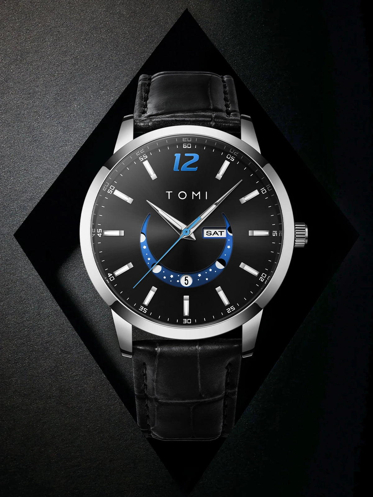 Relógio de quartzo TOMI, estilo empresarial e elegante, com bracelete em pele, caixa em liga metálica e mostrador com ponteiros – Design de alta qualidade, ideia de presente para homem