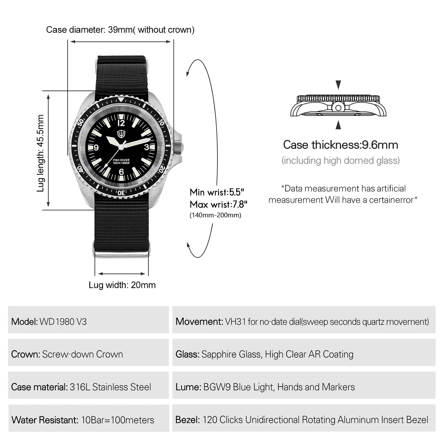 Orologio di lusso da uomo Watchdives WD1980 V3 con movimento al quarzo VH31 Sweep Seconds, vetro zaffiro con rivestimento AR e impermeabilità 10Bar