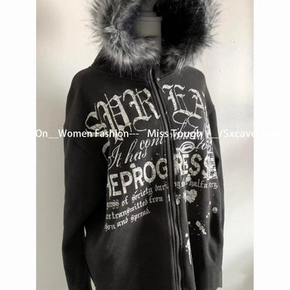 Produit gaming premium Fraquane, American Vintage Black Faux Fur Sweatshirts Women Letter Printed Subculture Coats with Hooded Female Gothic Harajuku Jackets Y2k