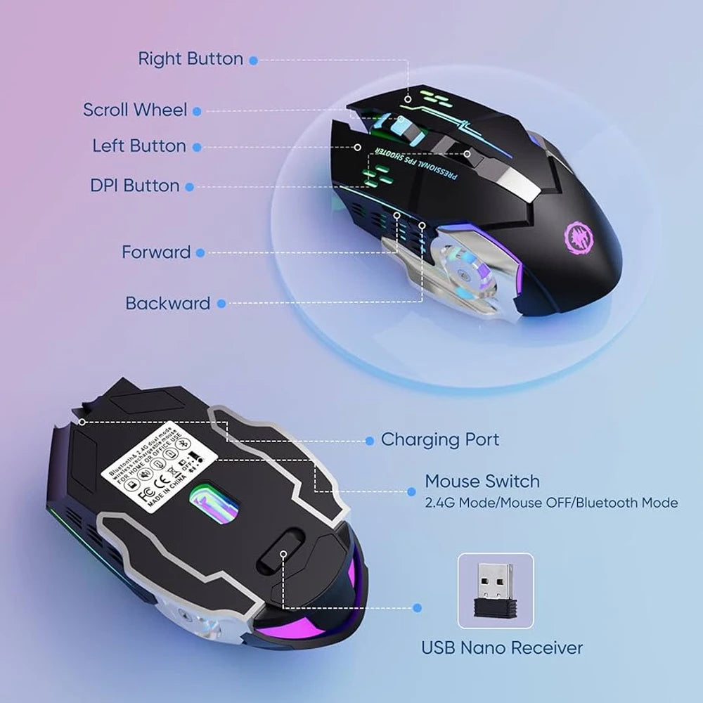 EMTRA Bluetooth -langaton hiiri 2.4G USB, mekaaninen taustavalaistu hiljainen hiiri, ladattava pelihiiri, kannettavan tietokoneen ja tietokoneen tarvikkeet