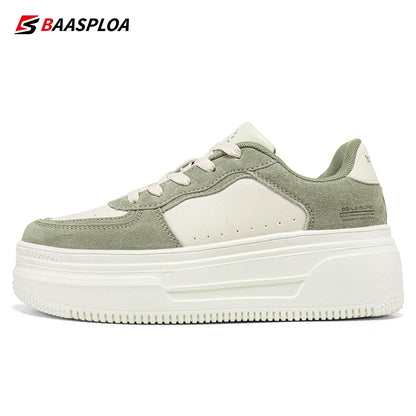Baasploa Women Platform Sneakers Fashion Leather Casual Thick Soled Shoes for Women Comfort White Skateboarding Shoes Non-Slip