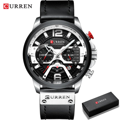 Relógio para homem CURREN 8329 – Estilo desportivo descontraído, design militar, bracelete em pele, cronógrafo na moda, relógio de luxo de grande marca