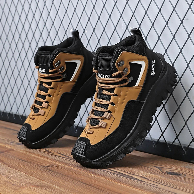 Black And Tan Mid Top Hiking Boots Suede And Leather Platform Sneakers Non Slip Outdoor Casual Shoes With Rugged Sole For All
