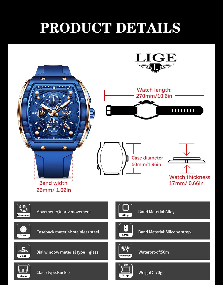 Reloj LIGE para hombre, de moda y lujo, resistente al agua, correa de silicona, cuarzo, luminoso, deportivo, fecha automática, cronógrafo, diseño sencillo