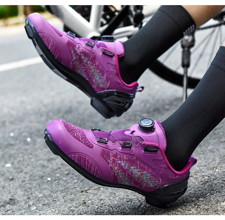 Zapatillas de ciclismo MTB para hombre y mujer T03 moradas, transpirables, de velocidad, con autocierre, para ciclismo de carretera, deporte al aire libre, competición y entrenamiento