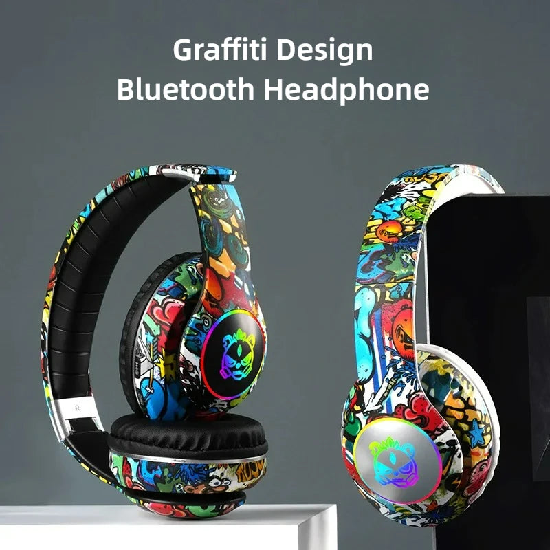 Nuovo headset gaming Bluetooth wireless Graffiti LX-8686 con microfono, luce LED, supporto per scheda TF, bassi profondi e cuffie over-ear per PC, gaming e bambini