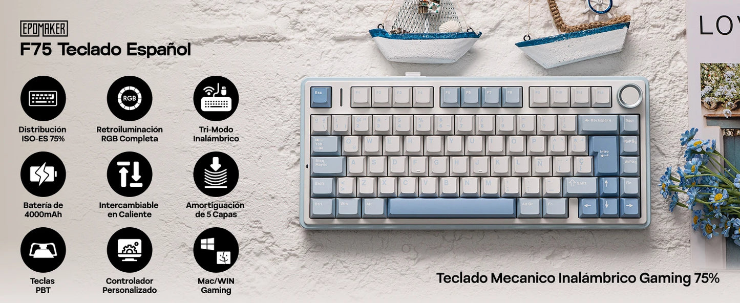 EPOMAKER AULA F75 ISO-ES 75% spagnola QWERTY Hot-Swap, tastiera meccanica da gaming cablata/Bluetooth/wireless 2.4GHz con montaggio gasket e retroilluminazione RGB