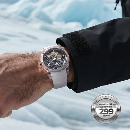 Reloj AGELOCER de edición limitada «Ice Never Melts» con tourbillon de cristal de oscilación libre, reloj mecánico manual de lujo