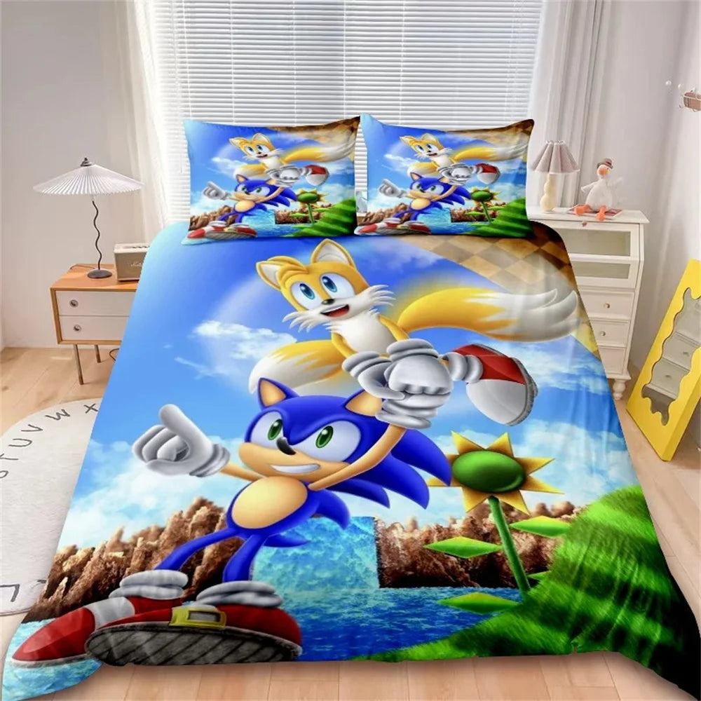 Juego de funda nórdica de dibujos animados, ropa de cama suave de algodón lavable, S-Sonic-S, película H-HedgehogS, set de 2/3 piezas, cuatro estaciones, residencia de estudiantes