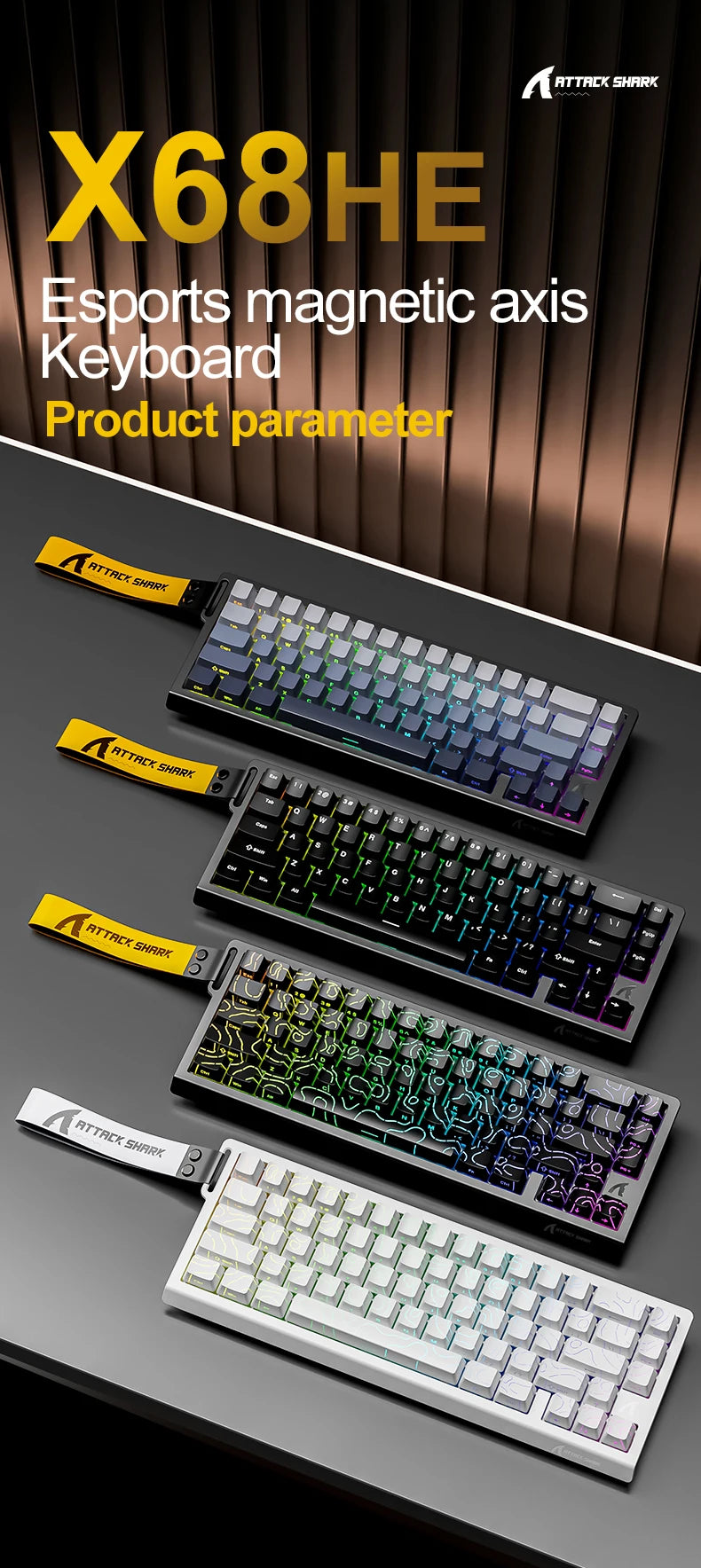 Teclado gaming magnético ATTACK SHARK X68HE X68PRO HE y FREEWOLF F68 con cable F68Pro inalámbrico para gaming profesional, activación rápida de 0.01mm